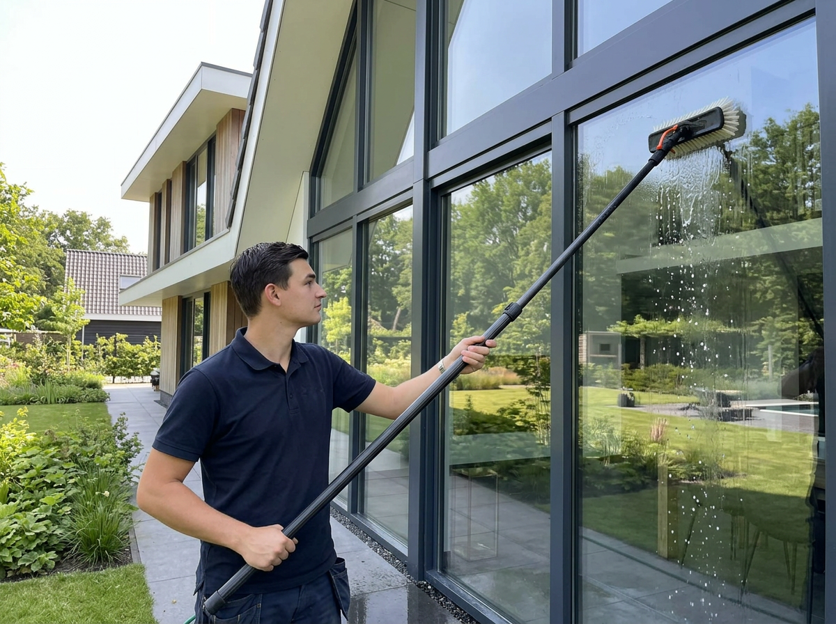 Joshua Vissers aan het werk: glazenwassen