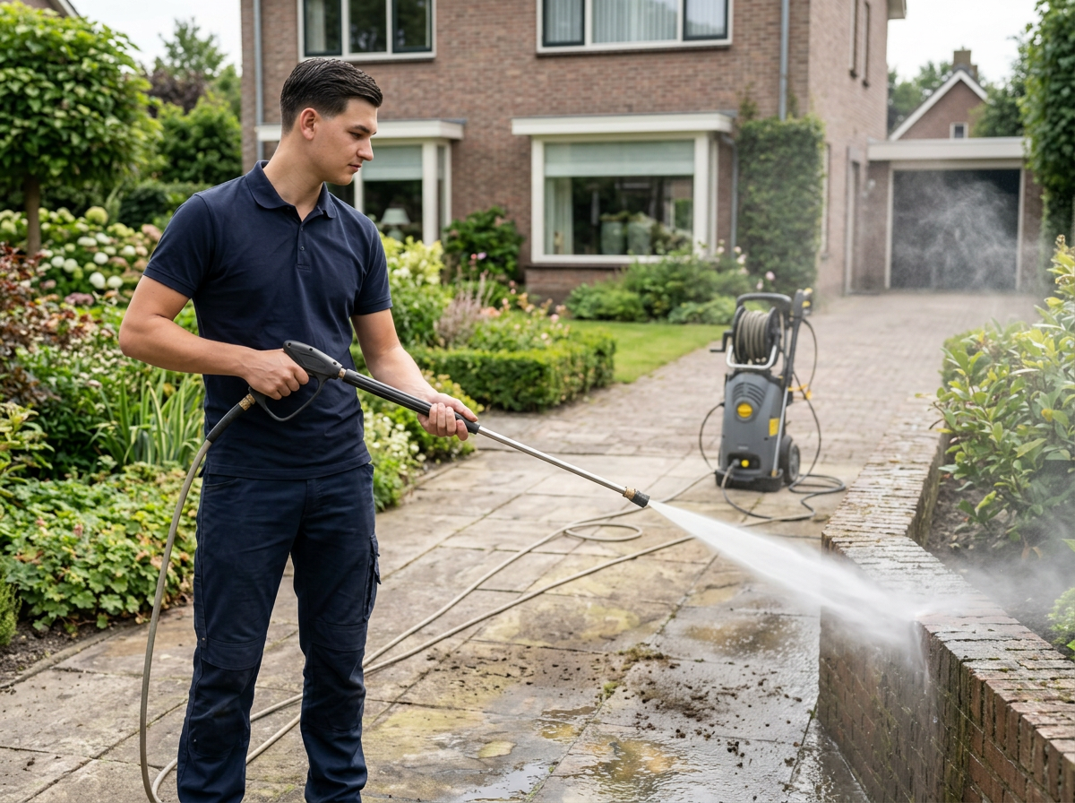 Joshua Vissers aan het werk: hogedrukreiniging