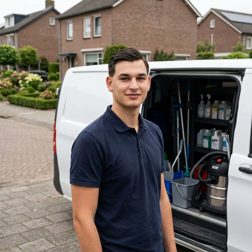 Joshua Vissers bij zijn bedrijfsbus met reinigingsmaterieel