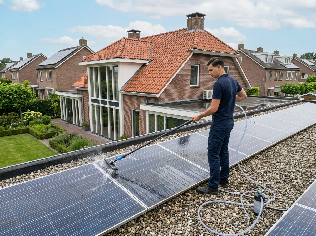 Joshua Vissers aan het werk: zonnepanelen reinigen